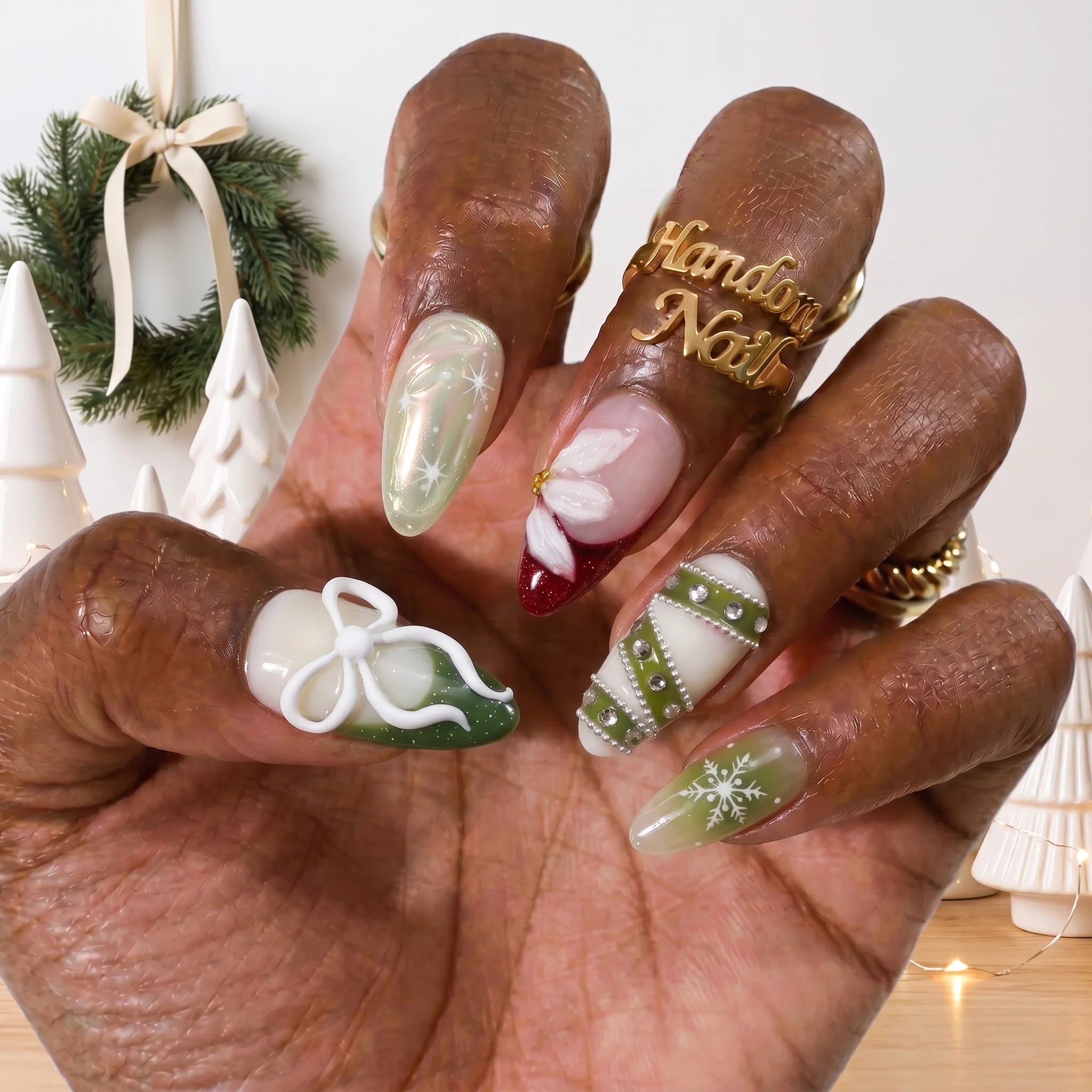 Poinsettia Dream Christmas press-on nails - design view 3 by Handora Nails