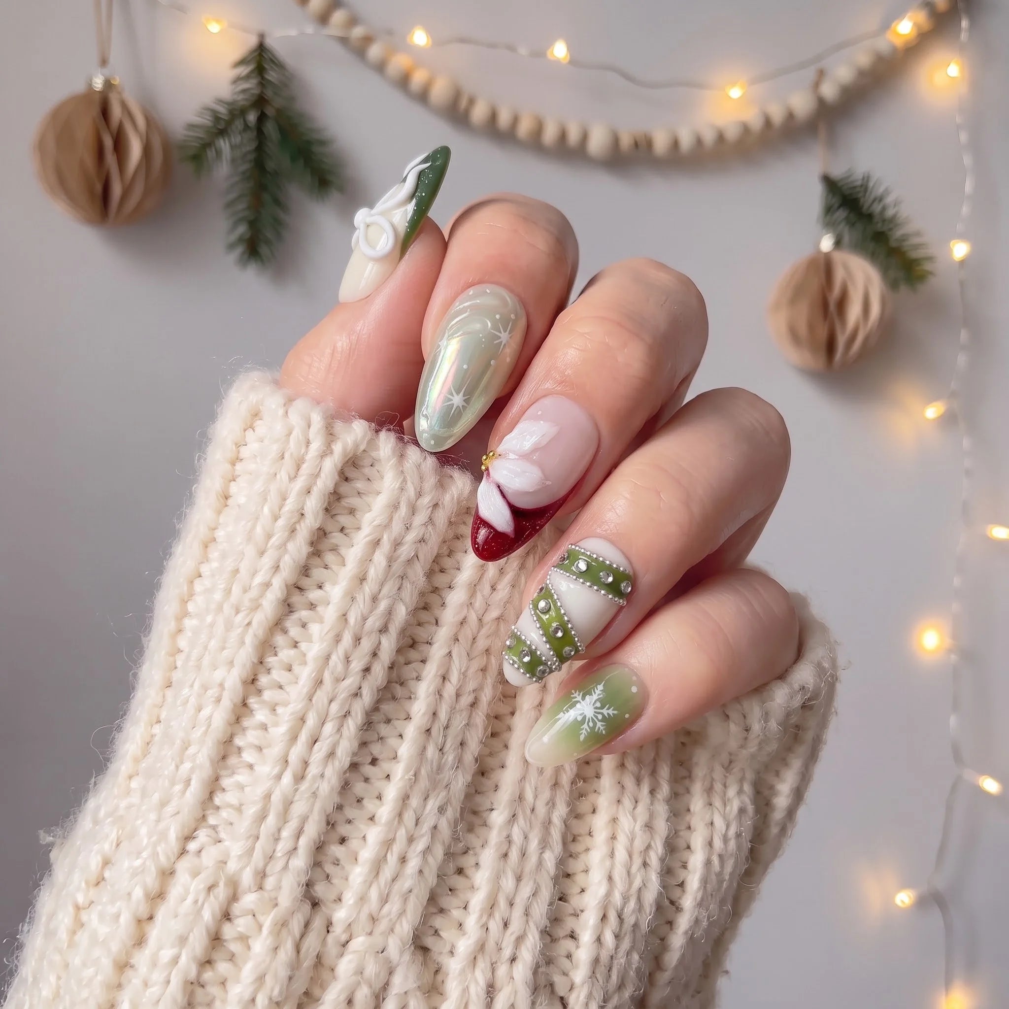 Poinsettia Dream Christmas press-on nails - design view 4 by Handora Nails
