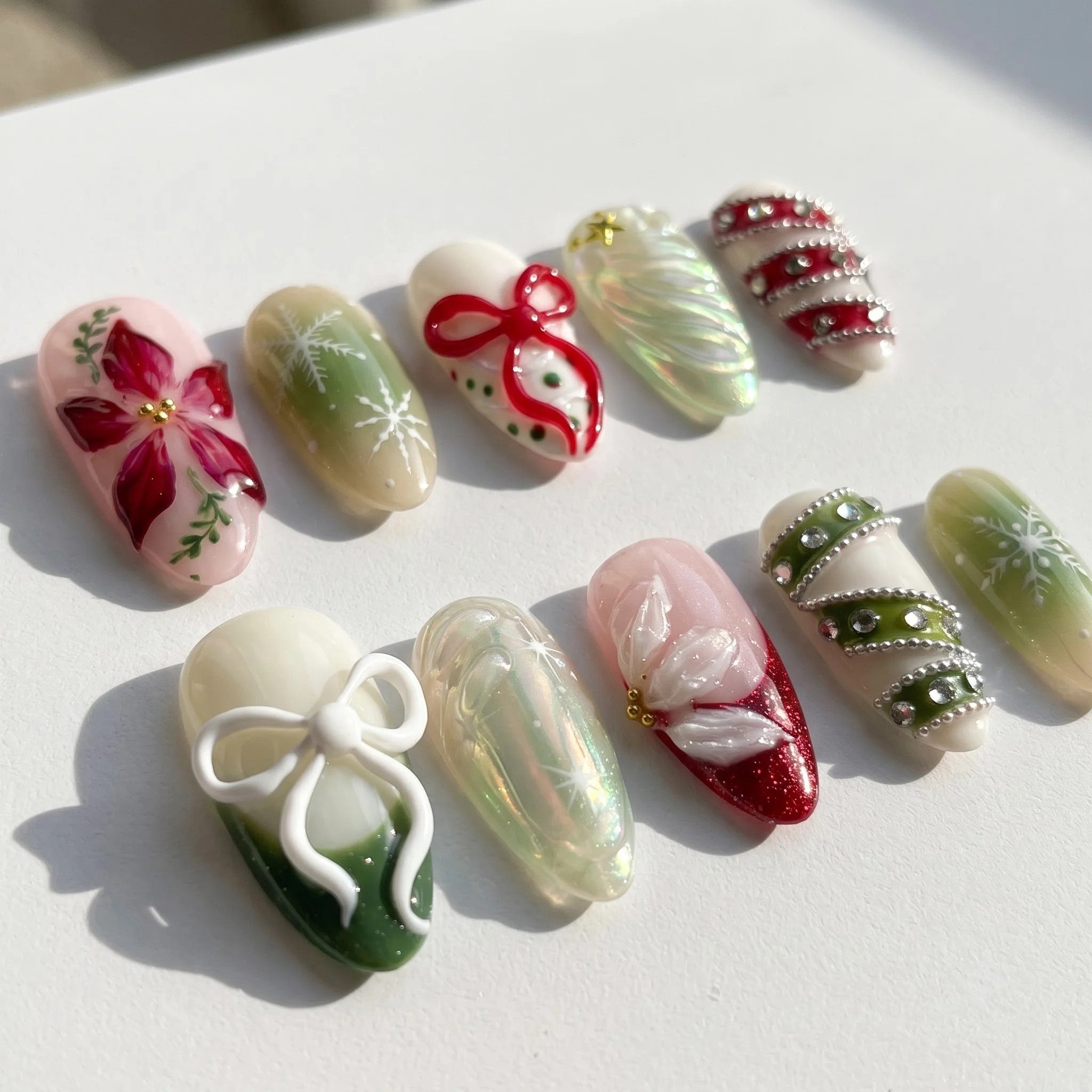 Poinsettia Dream Christmas press-on nails - design view 6 by Handora Nails