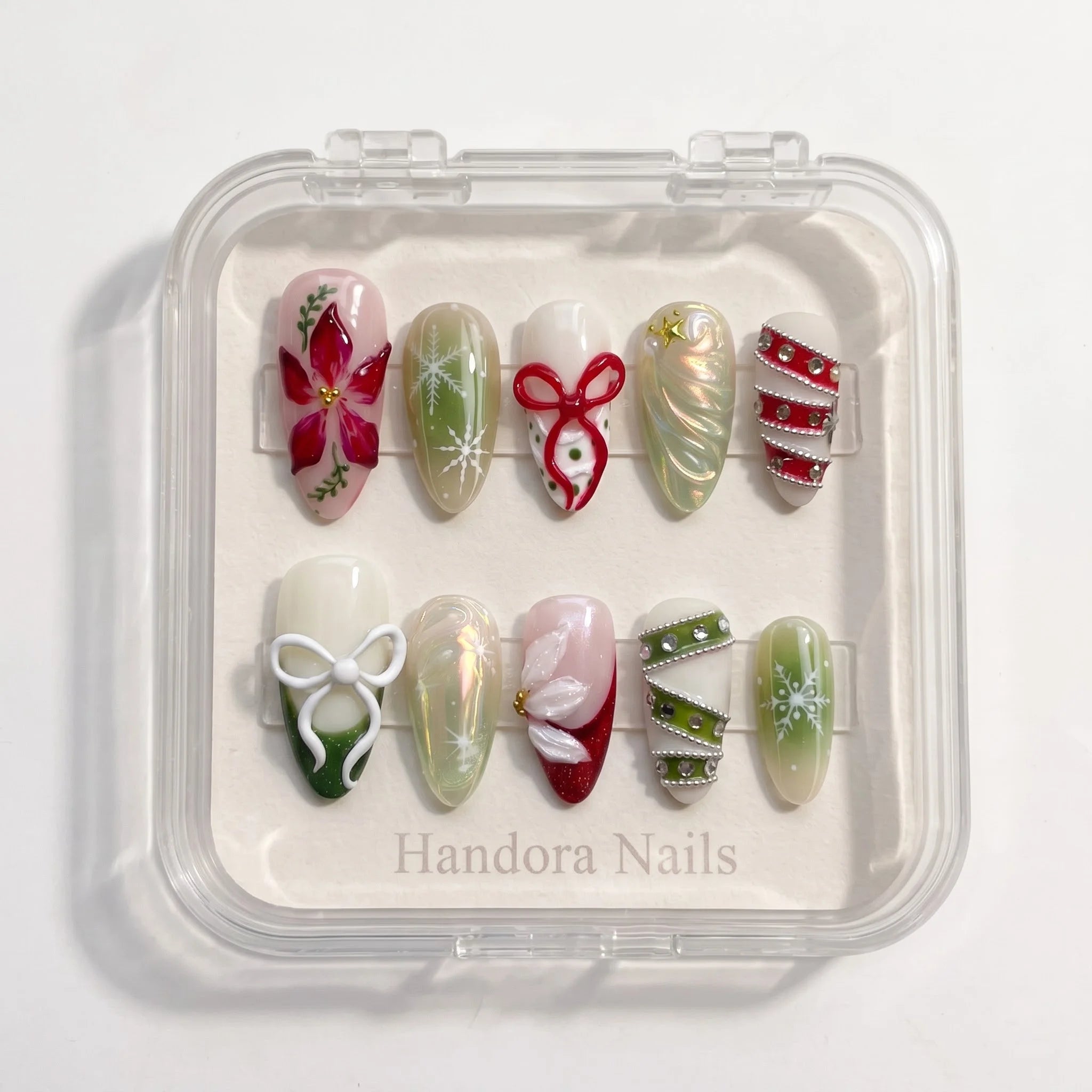 Poinsettia Dream Christmas press-on nails - design view 8 by Handora Nails