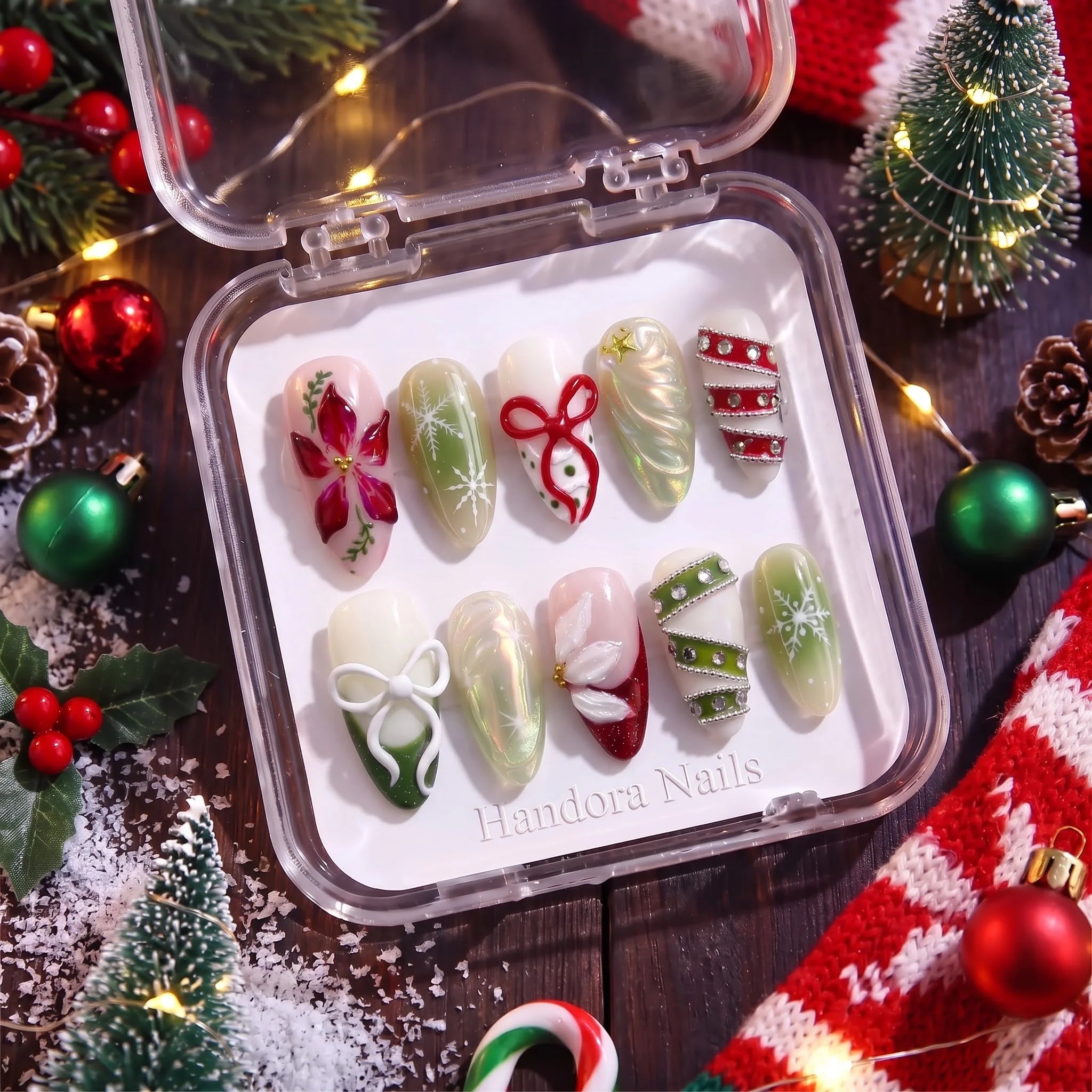 Poinsettia Dream Christmas press-on nails - design view 9 by Handora Nails