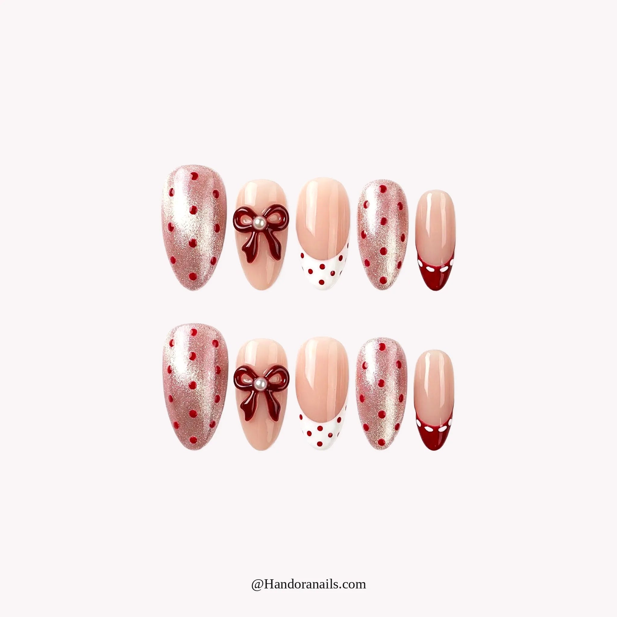 Polka Bow press-on nails – almond shape, burgundy and white