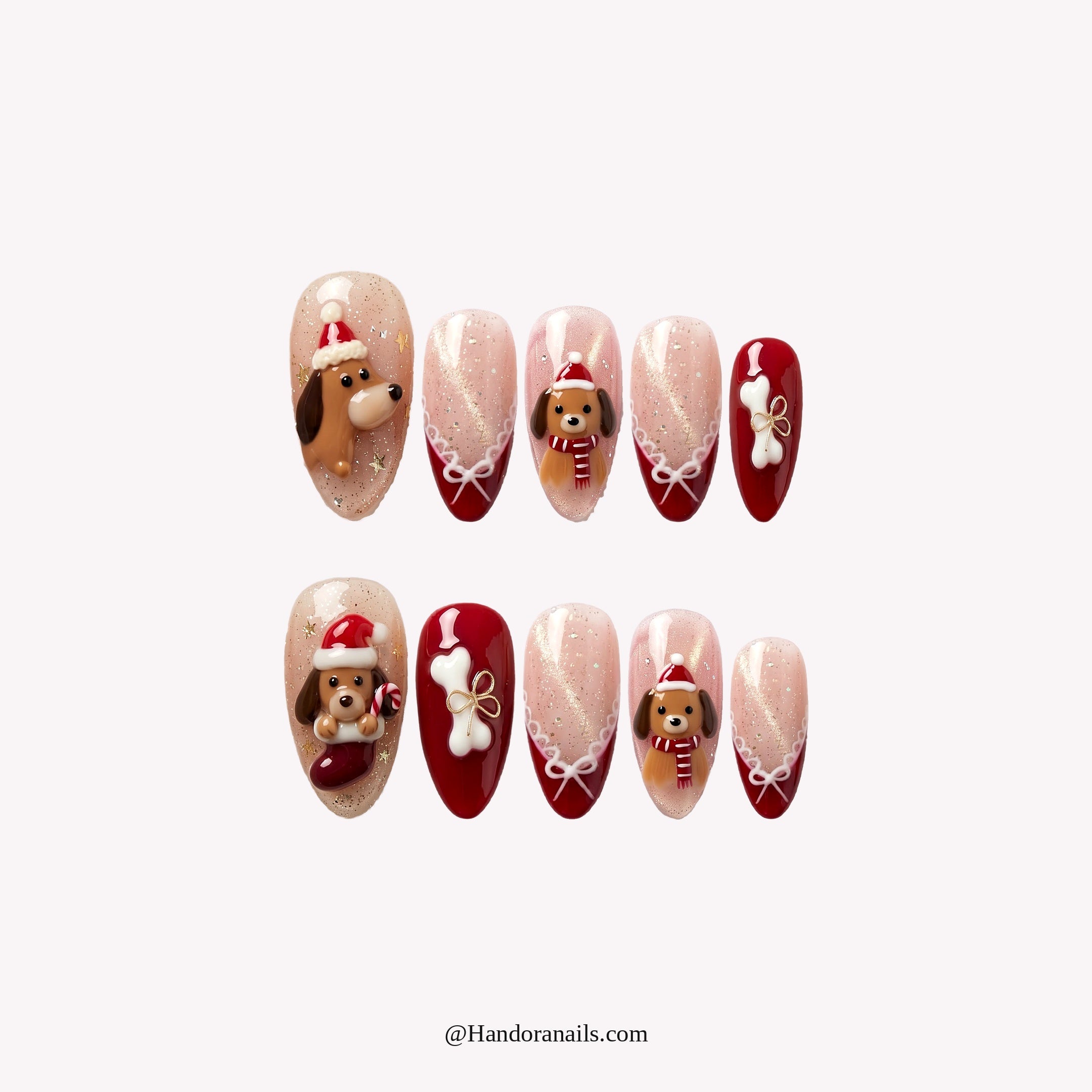 Puppy Stocking Christmas Dog press-on nails – white background by Handora Nails