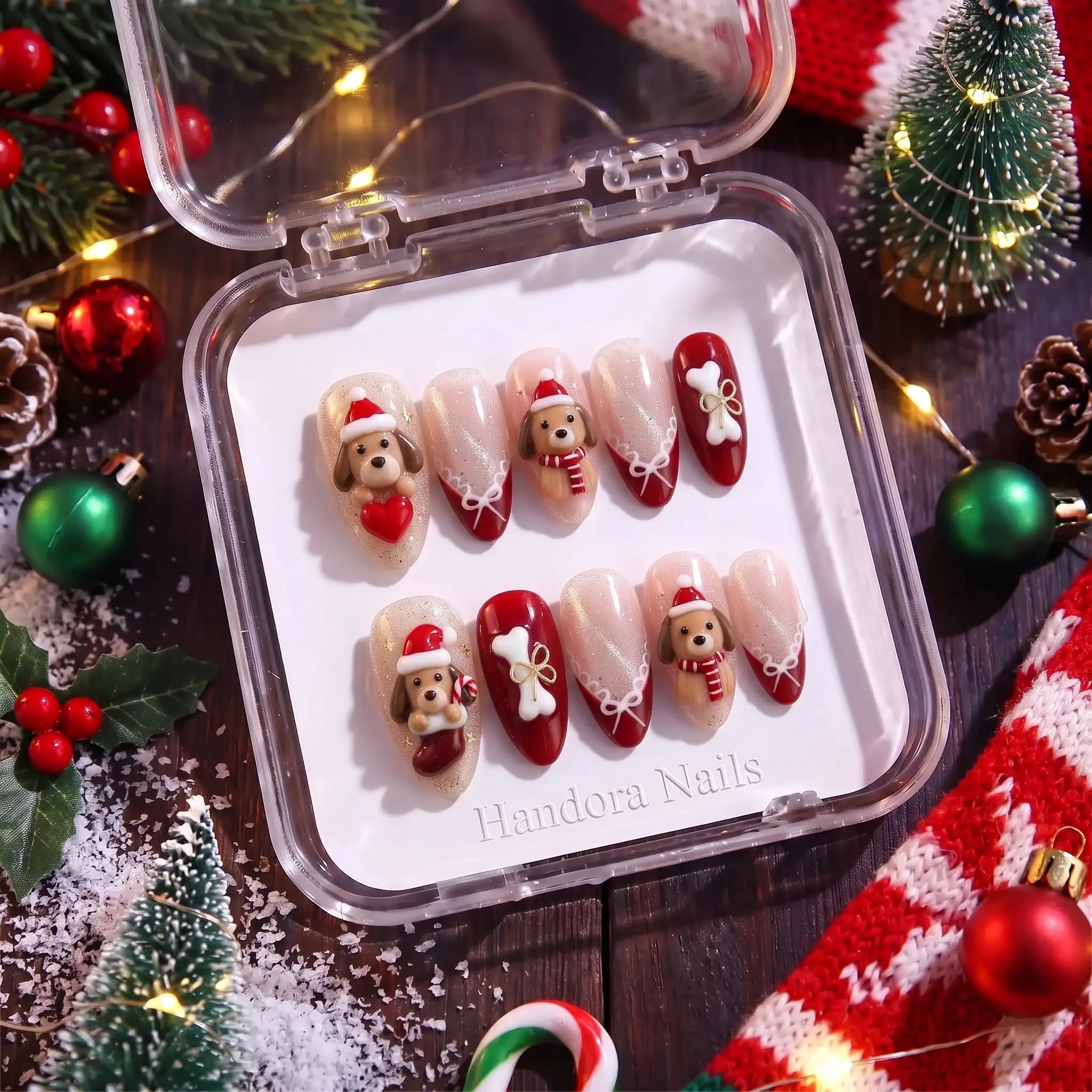 Puppy Stocking Christmas Dog press-on nails – in gift box by Handora Nails