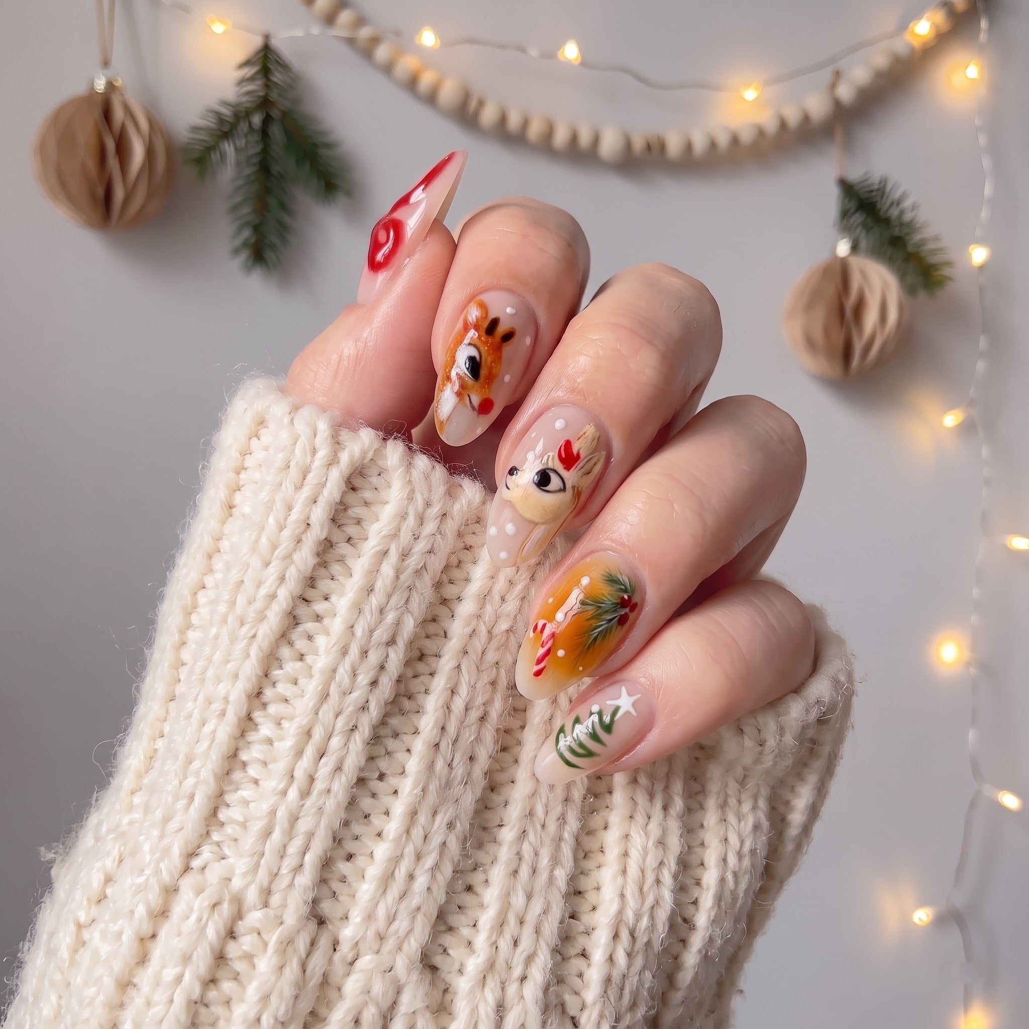 Red Nose Christmas press-on nails - design view 5 by Handora Nails