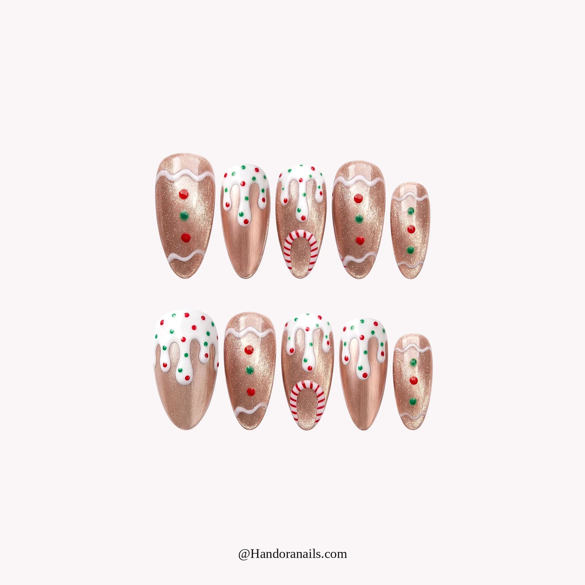 Rose Icing press-on nails – almond shape, rose gold and white