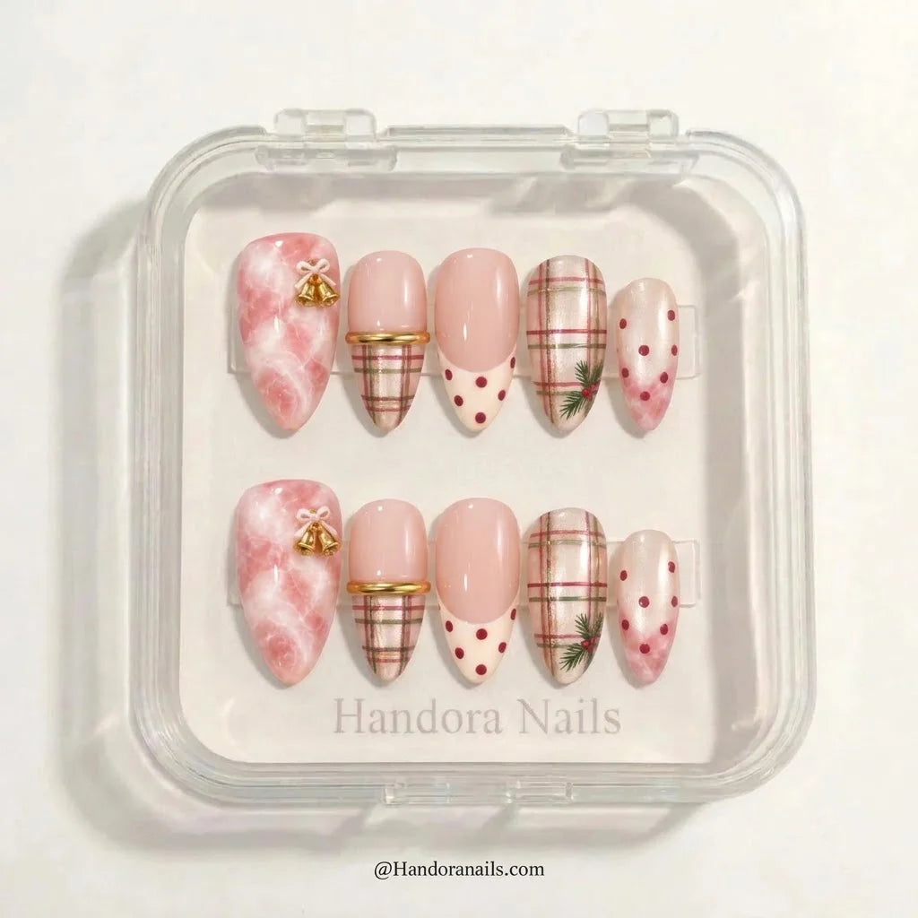 Rose Tartan Christmas press-on nails - in display box by Handora Nails