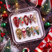 Royal Xmas christmas press-on nails – flat lay and packaging by Handora Nails