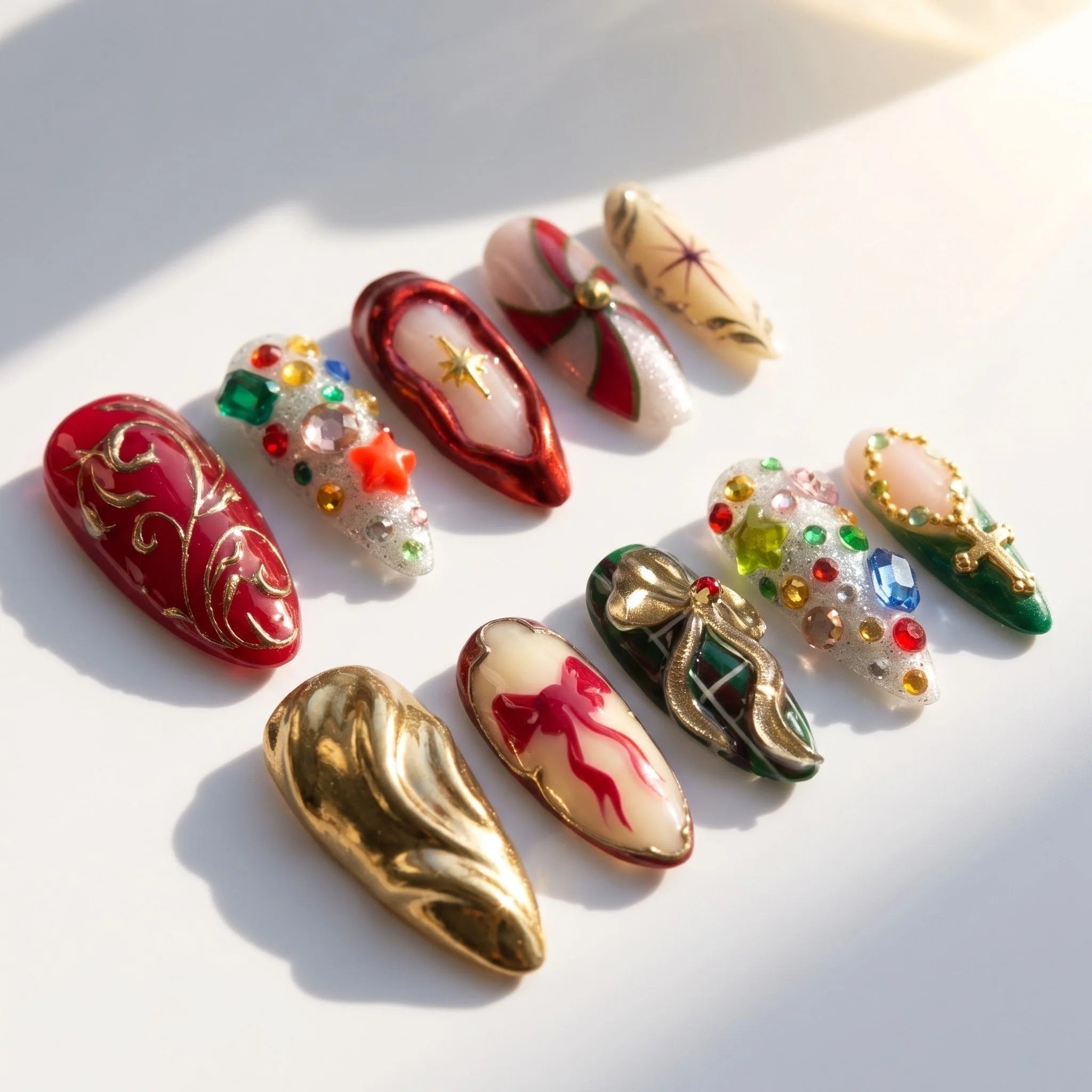 Royal Xmas christmas press-on nails – flat lay and packaging by Handora Nails
