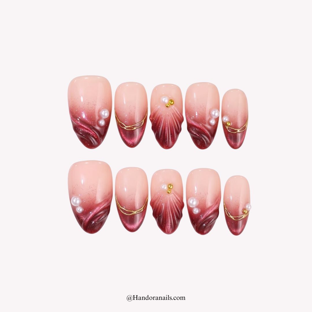 Ruby Tide Christmas press-on nails - white background by Handora Nails