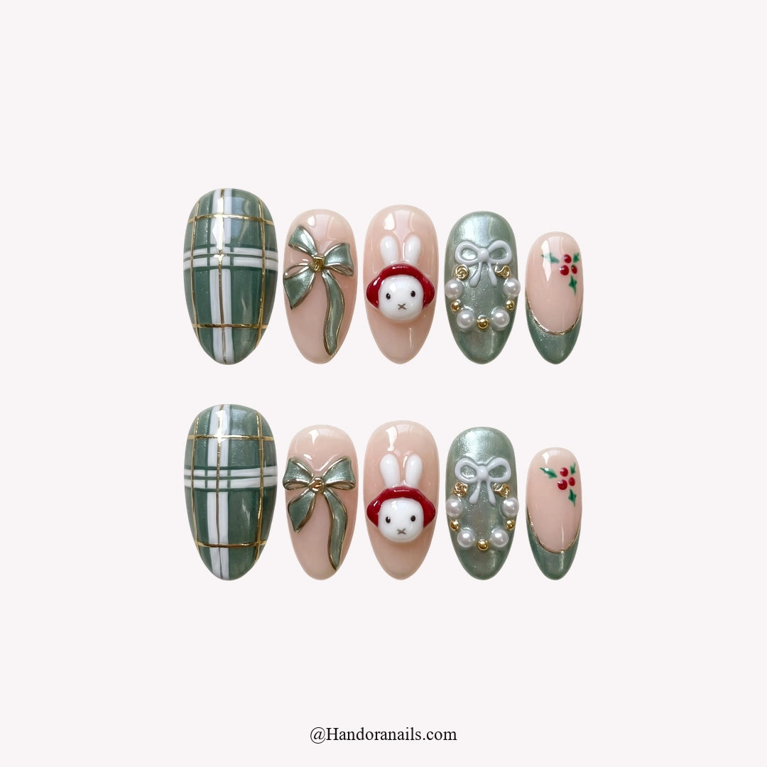 Sage Bunny Christmas press-on nails - white background by Handora Nails