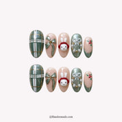 Sage Bunny Christmas press-on nails - white background by Handora Nails