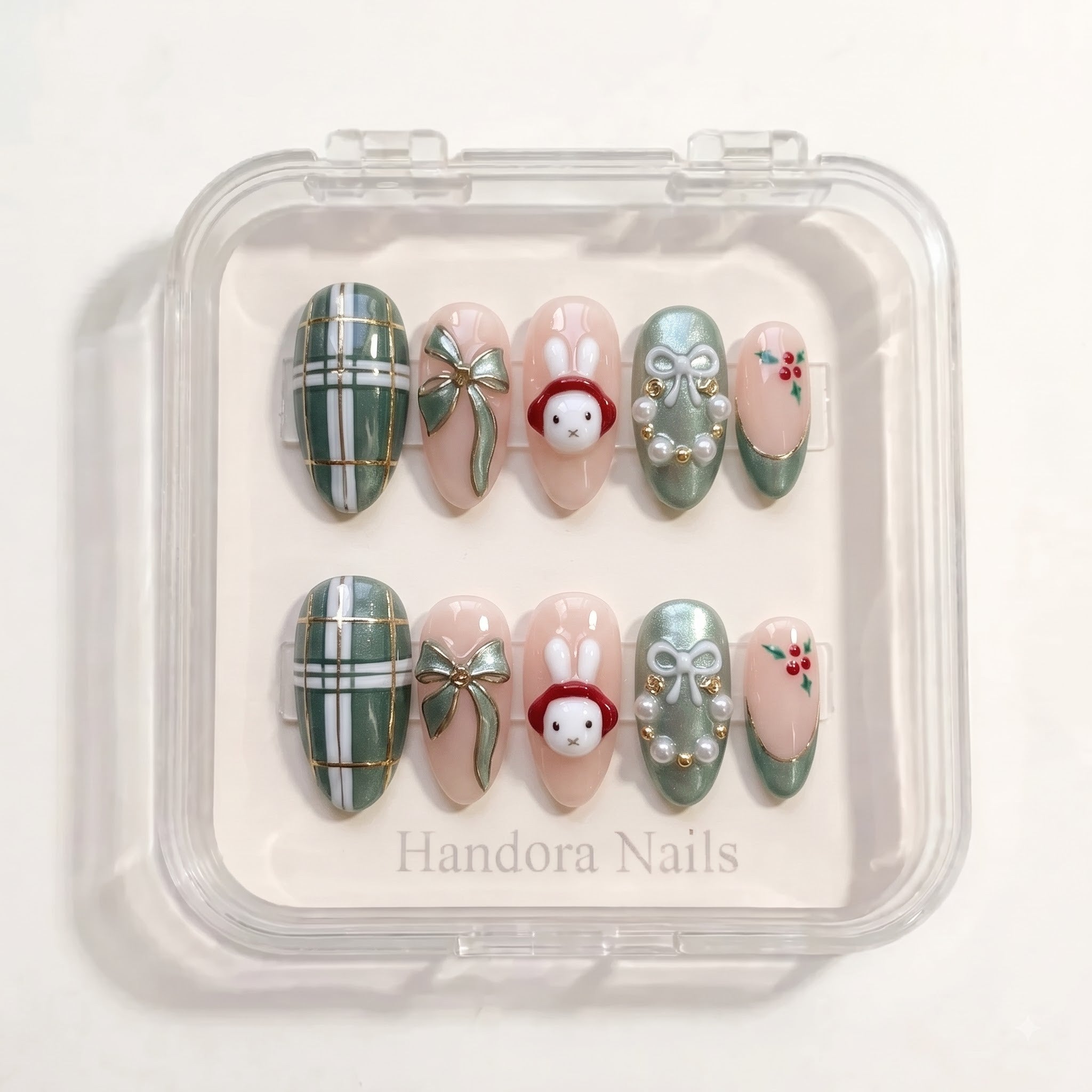 Sage Bunny Christmas press-on nails - design view 10 by Handora Nails