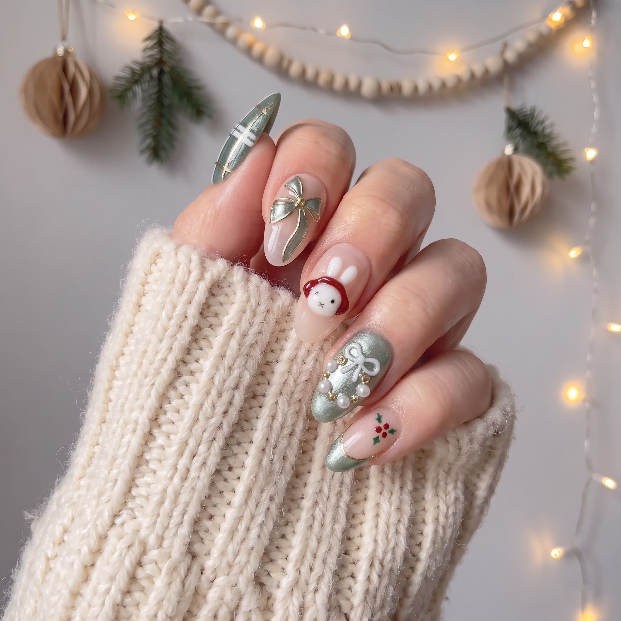 Sage Bunny Christmas press-on nails - design view 4 by Handora Nails