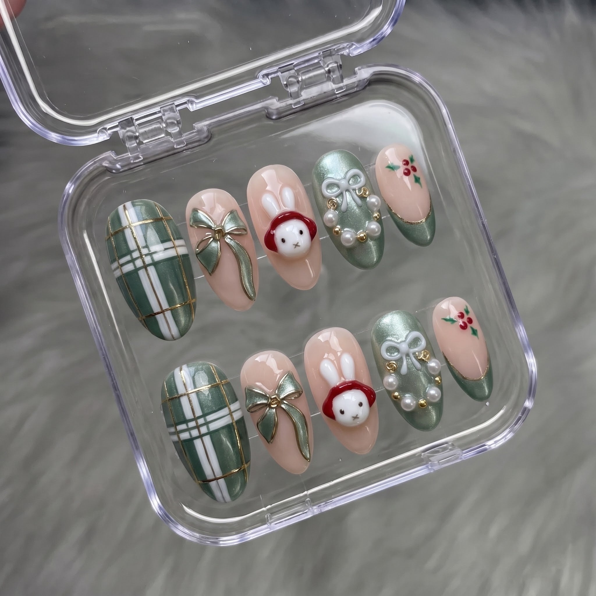 Sage Bunny Christmas press-on nails - design view 7 by Handora Nails