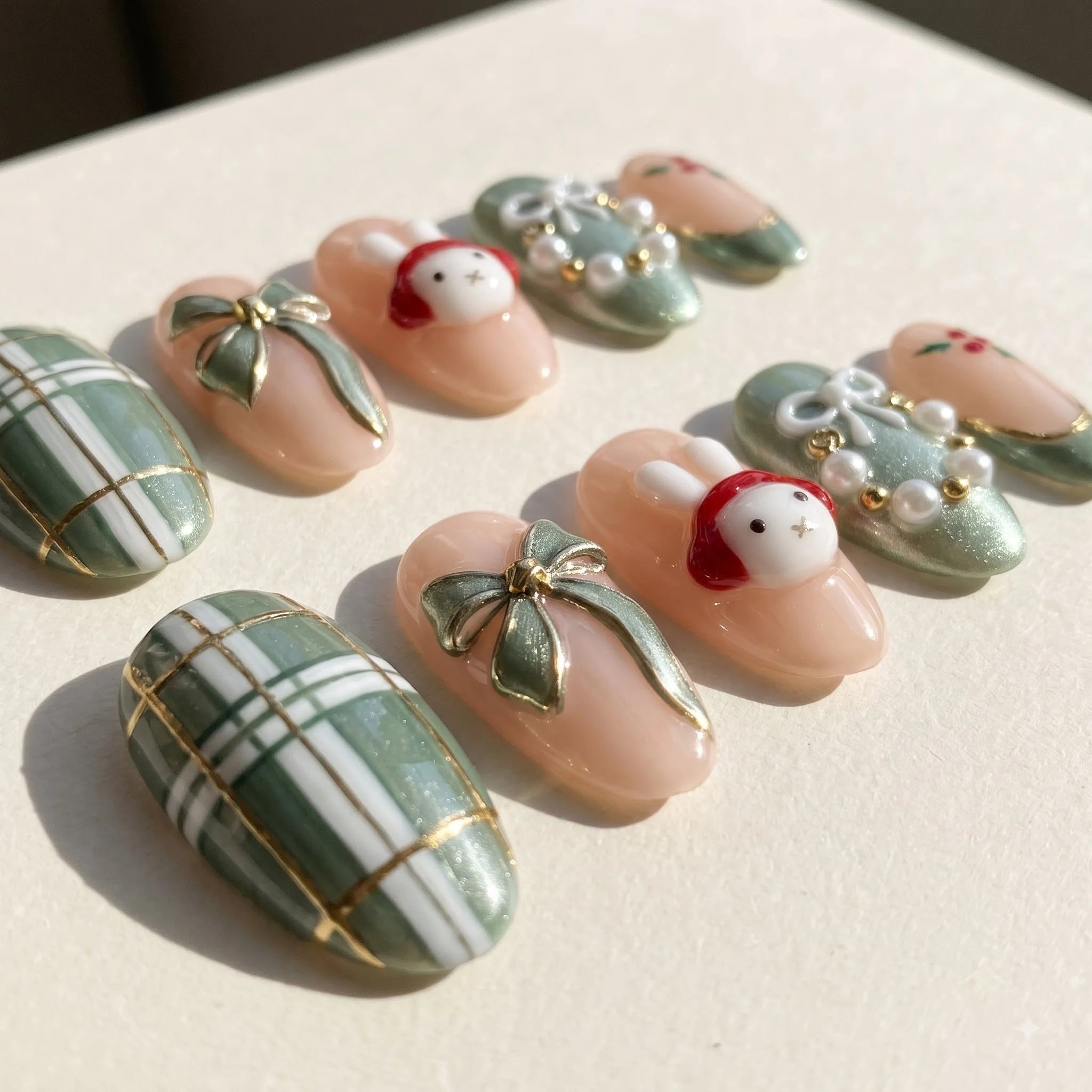 Sage Bunny Christmas press-on nails - design view 8 by Handora Nails