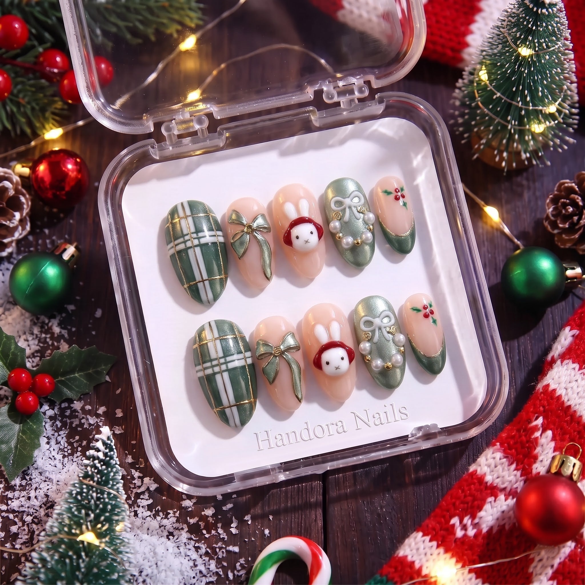 Sage Bunny Christmas press-on nails - design view 9 by Handora Nails