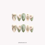 Sage Solstice press-on nails – almond shape, sage and white