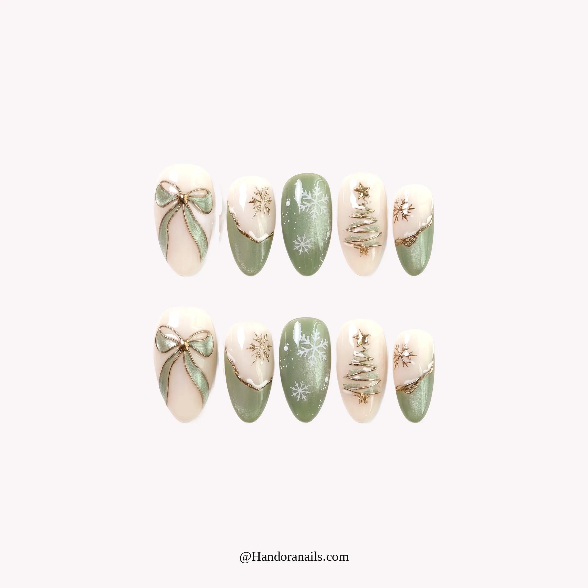 Sage Solstice press-on nails – almond shape, sage and white