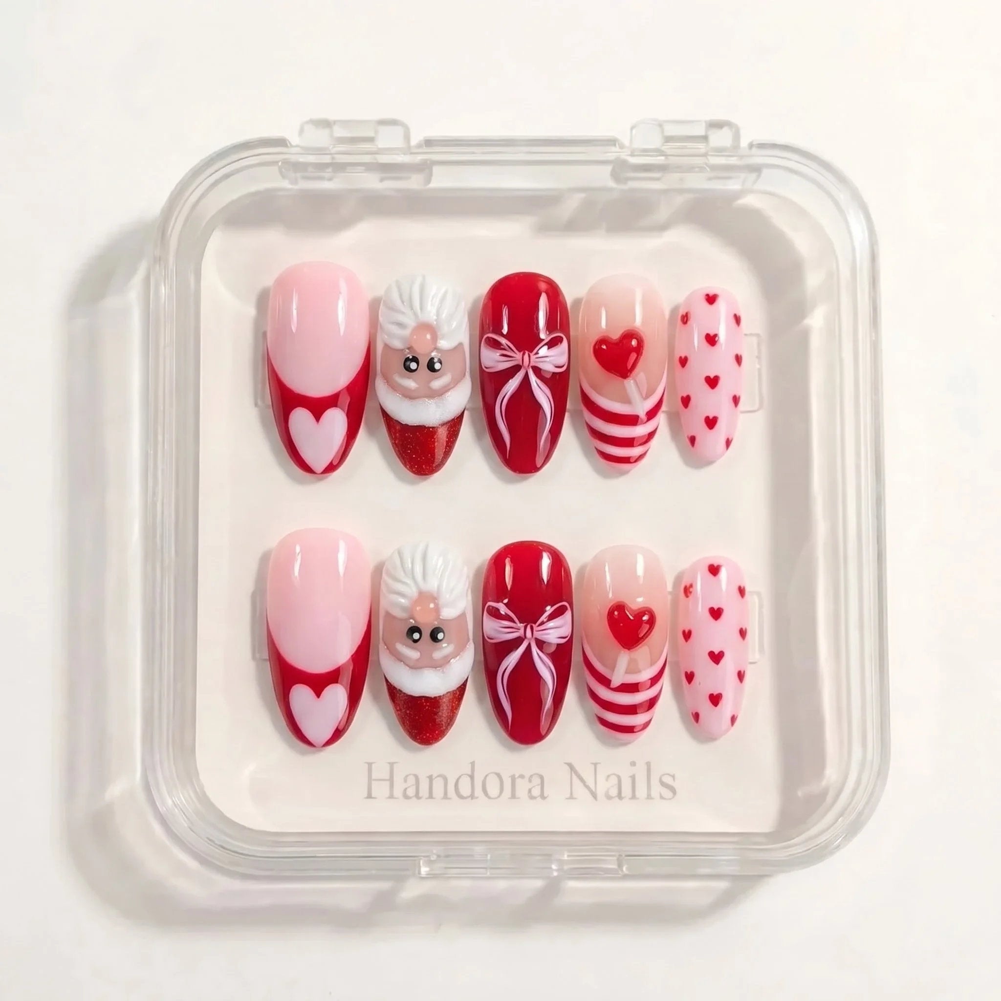 Santa Pop christmas press-on nails – white background by Handora Nails