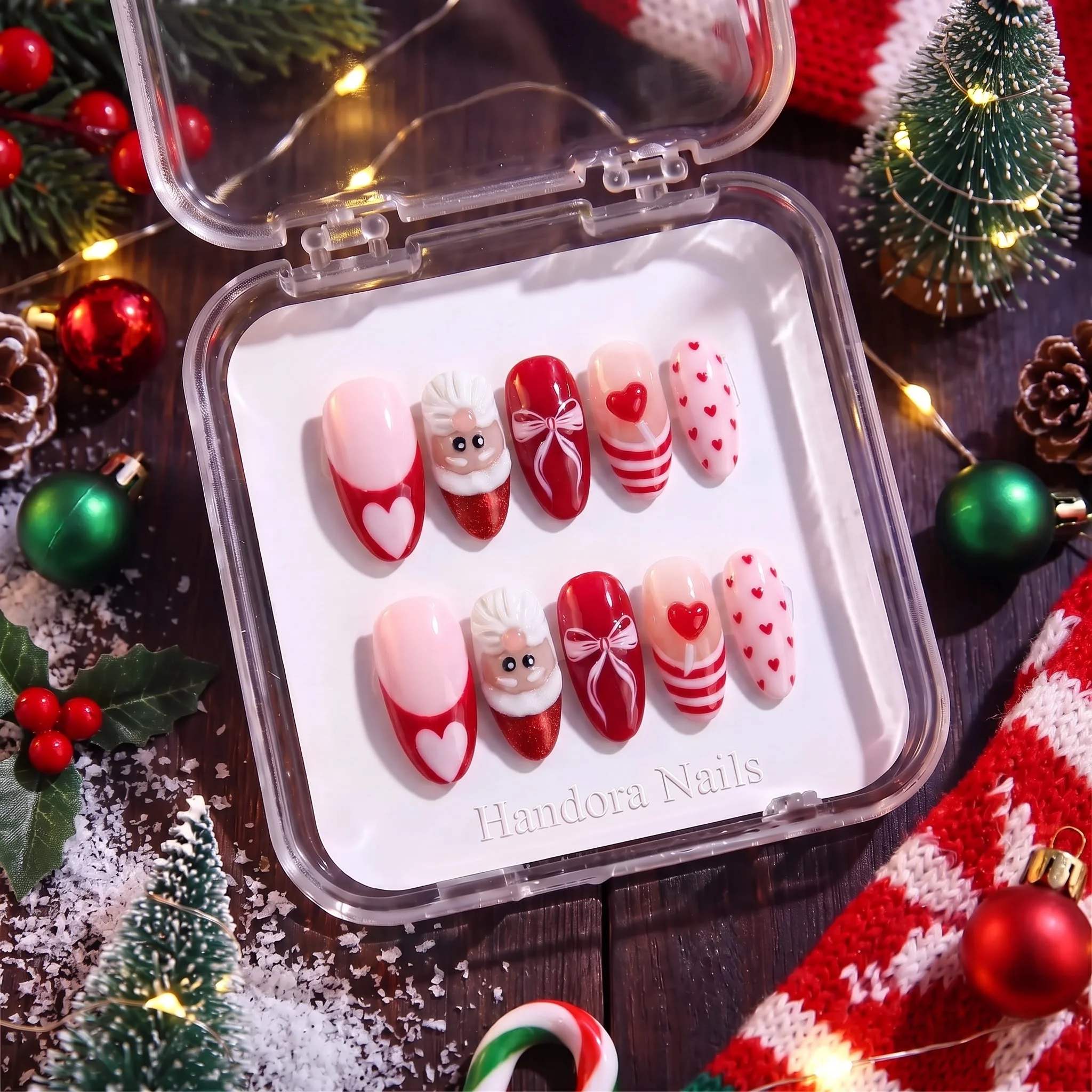Santa Pop christmas press-on nails – flat lay and packaging by Handora Nails