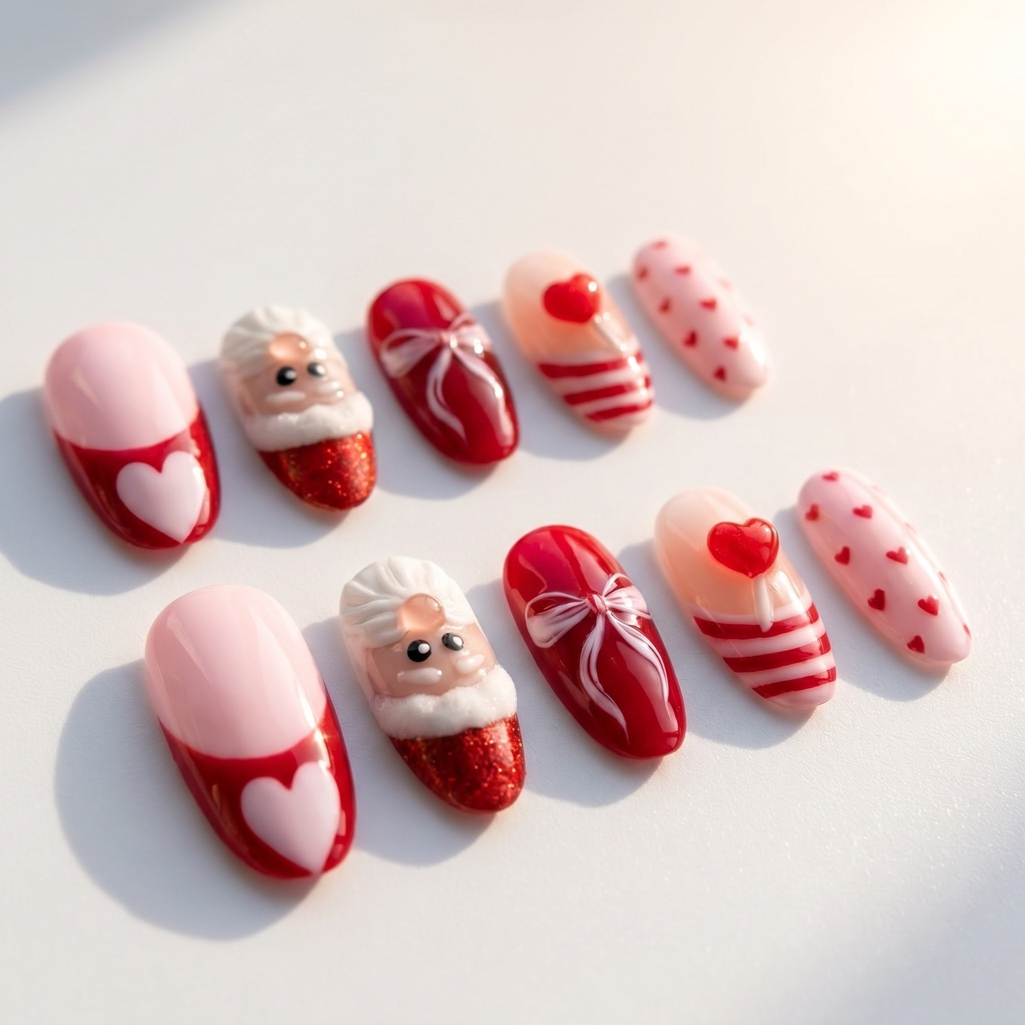 Santa Pop christmas press-on nails – flat lay and packaging by Handora Nails