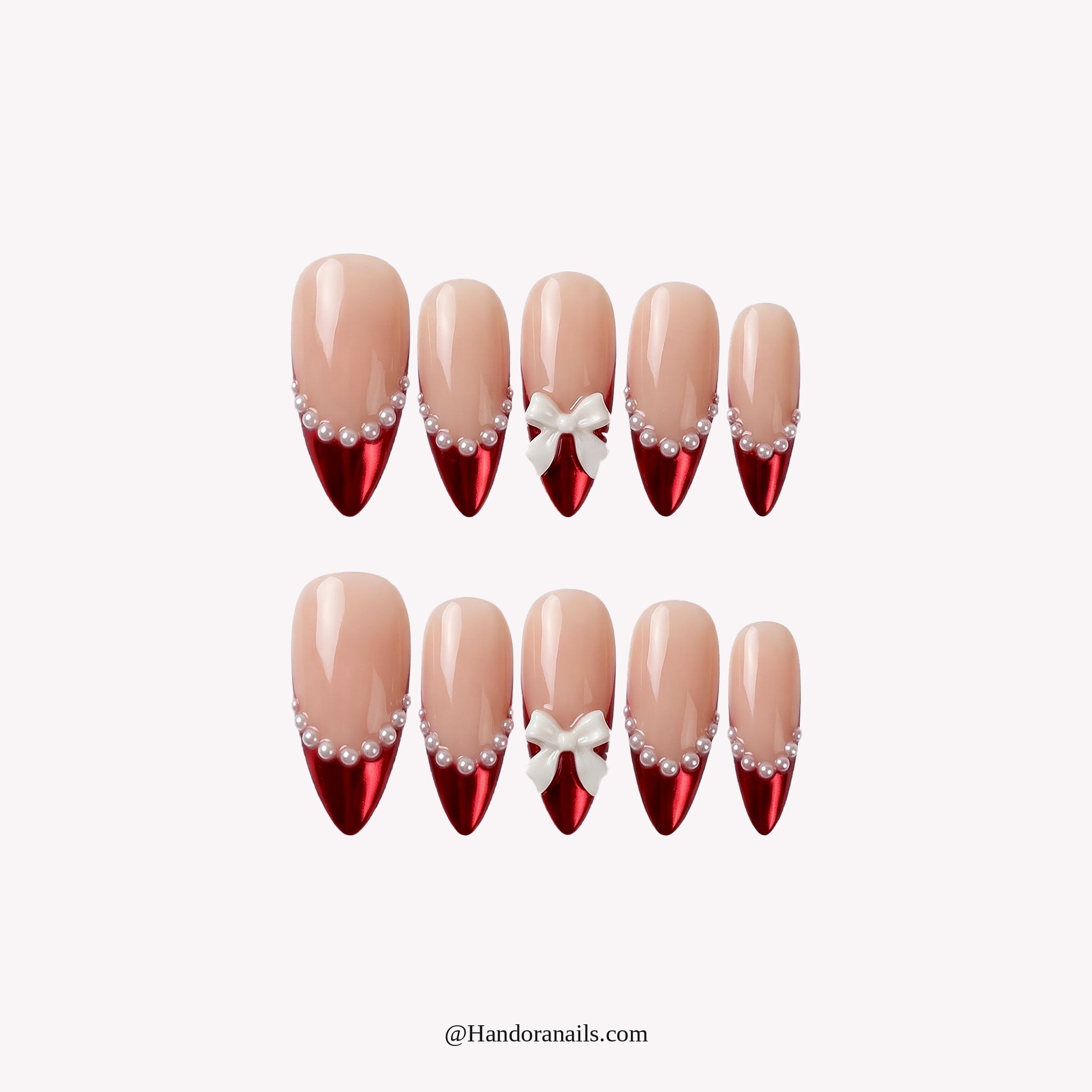Santa's Bow Chrome French press-on nails – white background by Handora Nails