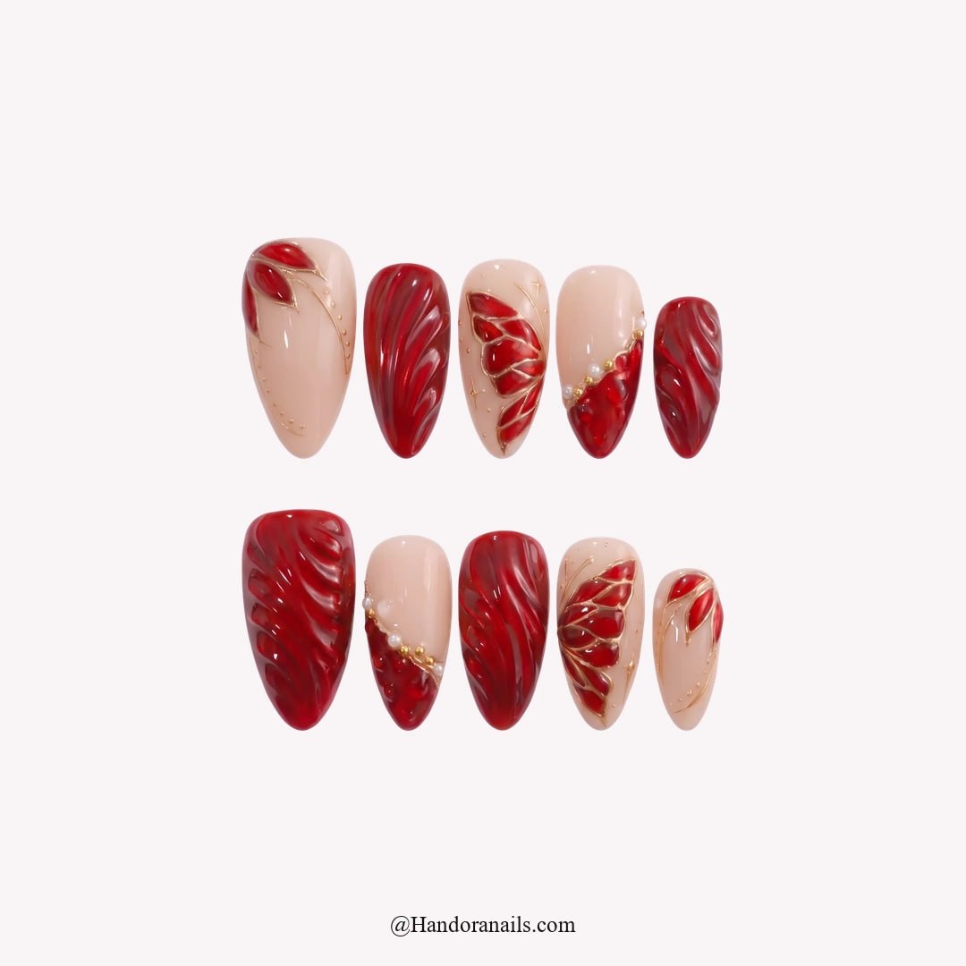 Scarlet Ribbons Christmas press-on nails - white background by Handora Nails
