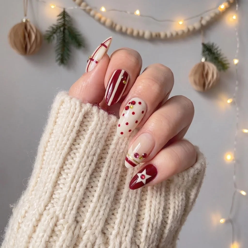 Scarlet Wish Christmas press-on nails - on hand by Handora Nails