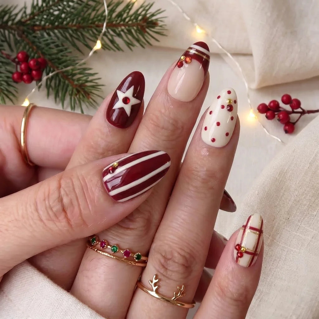 Scarlet Wish Christmas press-on nails - on hand by Handora Nails