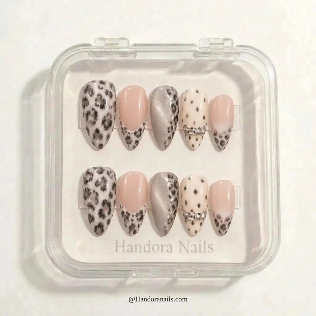 Silver Lynx winter press-on nails - in display box by Handora Nails