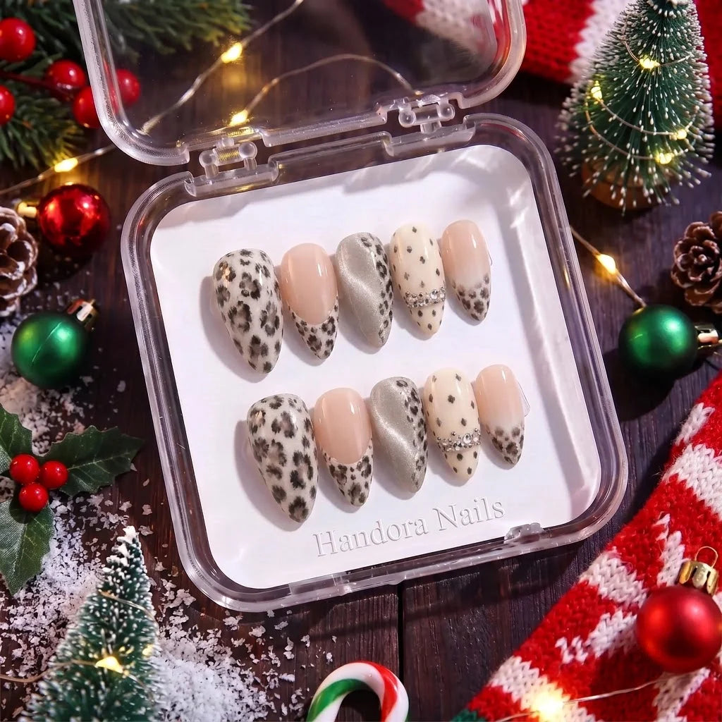 Silver Lynx winter press-on nails - in display box by Handora Nails