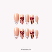 Snowbound Bow press-on nails – almond shape, burgundy and white