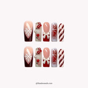 Snowflake Stripe press-on nails – square shape, burgundy and white