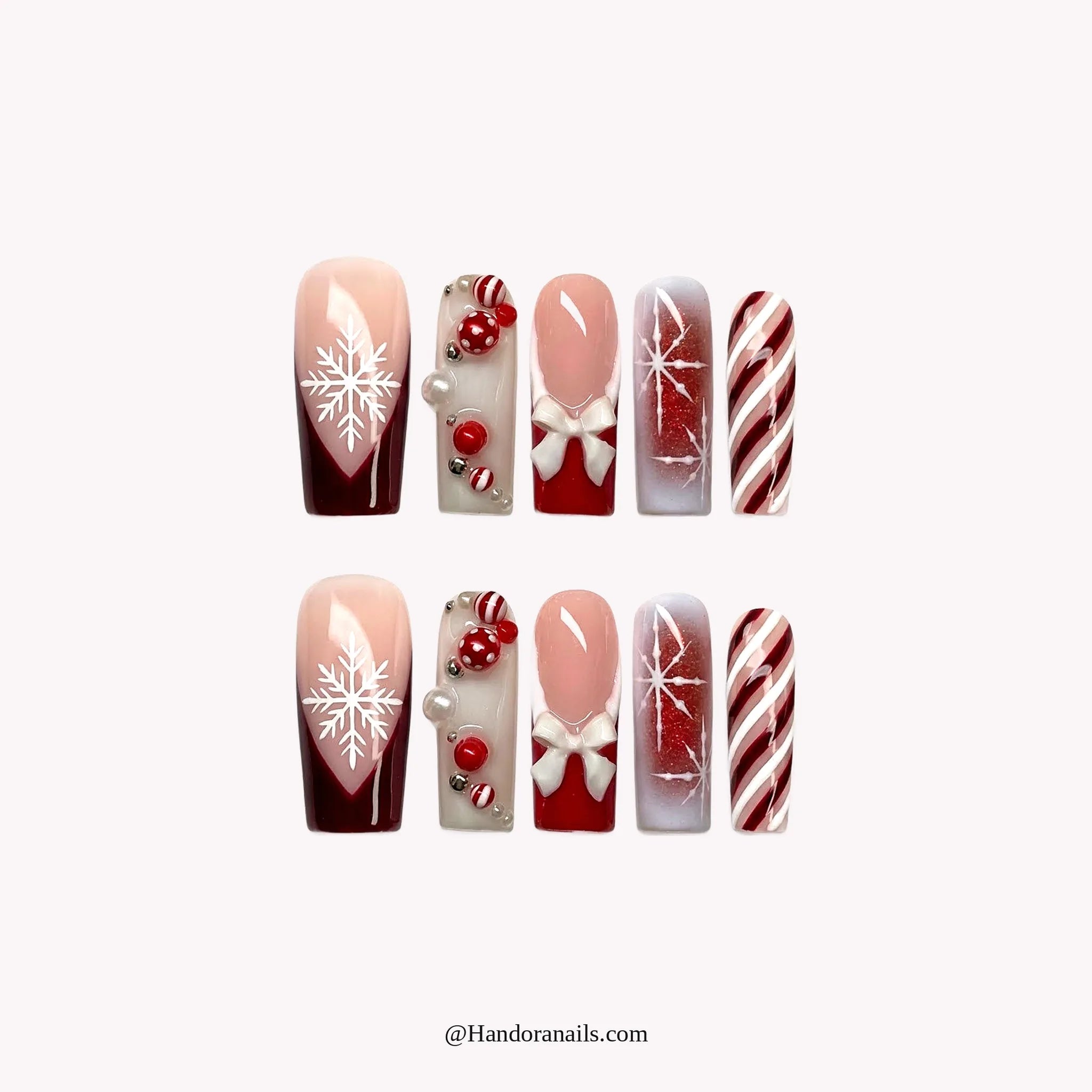 Snowflake Stripe press-on nails – square shape, burgundy and white