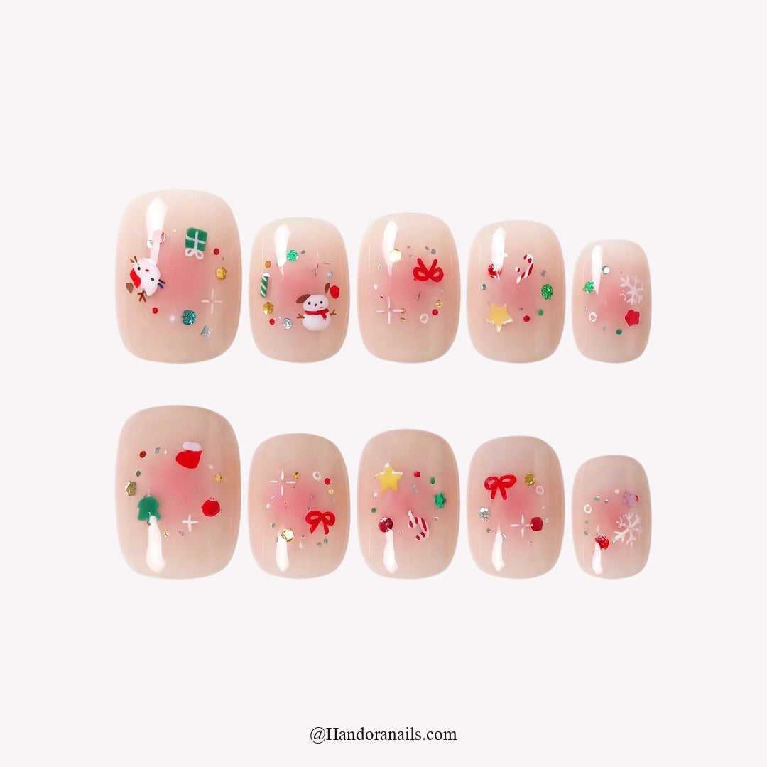 Snowy Blush Christmas press-on nails - white background by Handora Nails