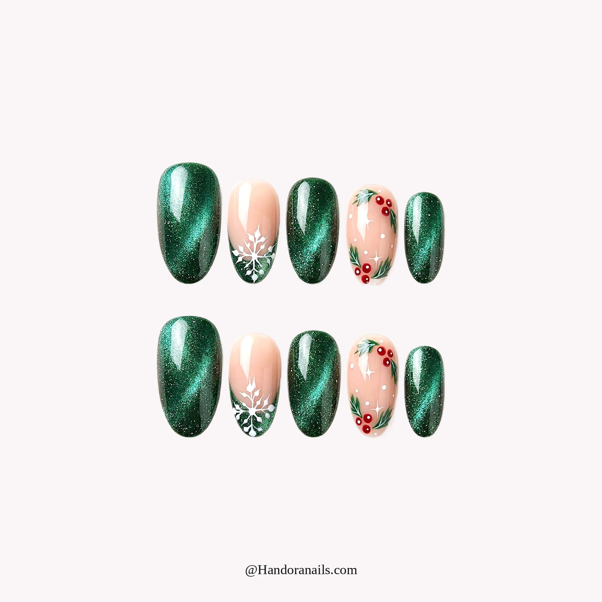 Spruce Shimmer press-on nails – almond shape, emerald and white