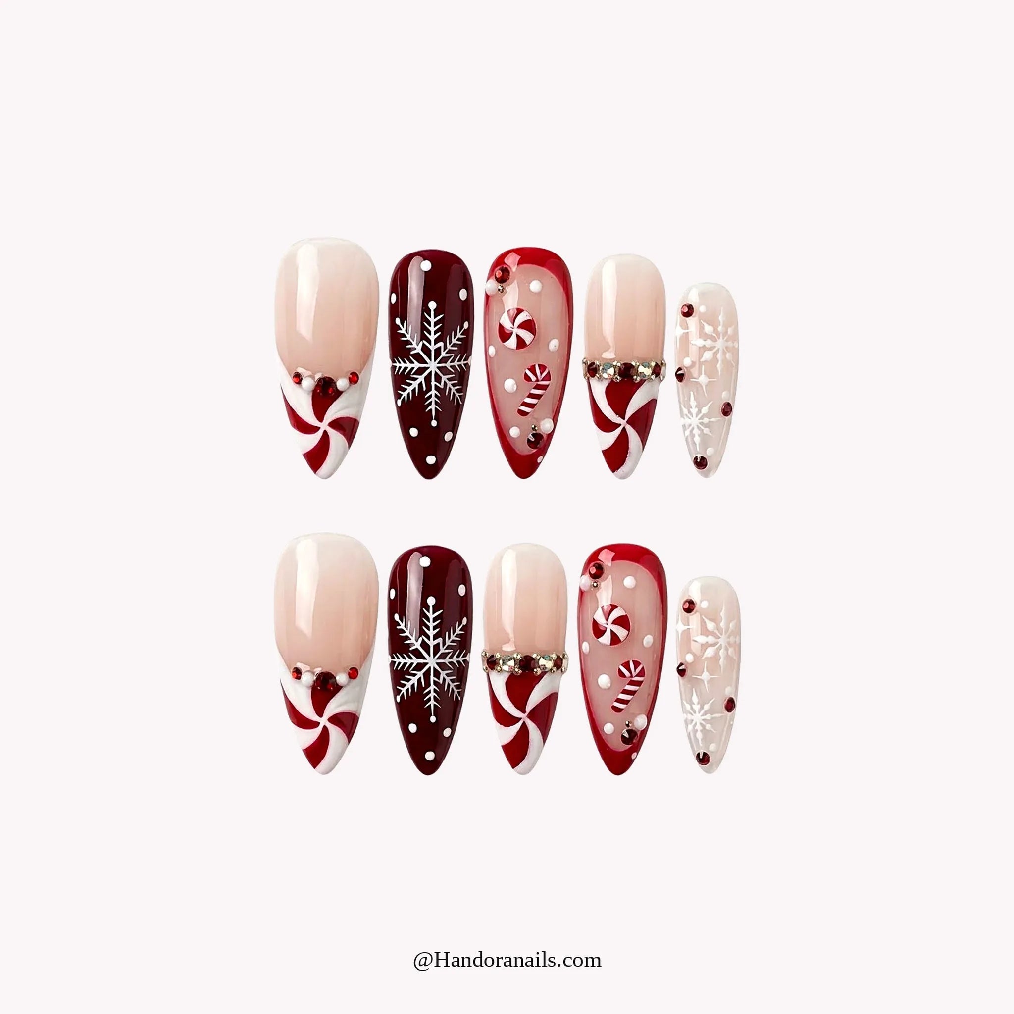 Starlit Swirl press-on nails – almond shape, burgundy and white