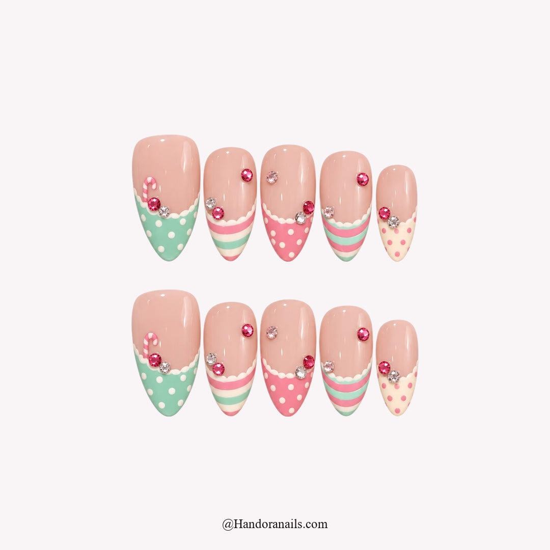 Sugar Garland Christmas press-on nails - white background by Handora Nails