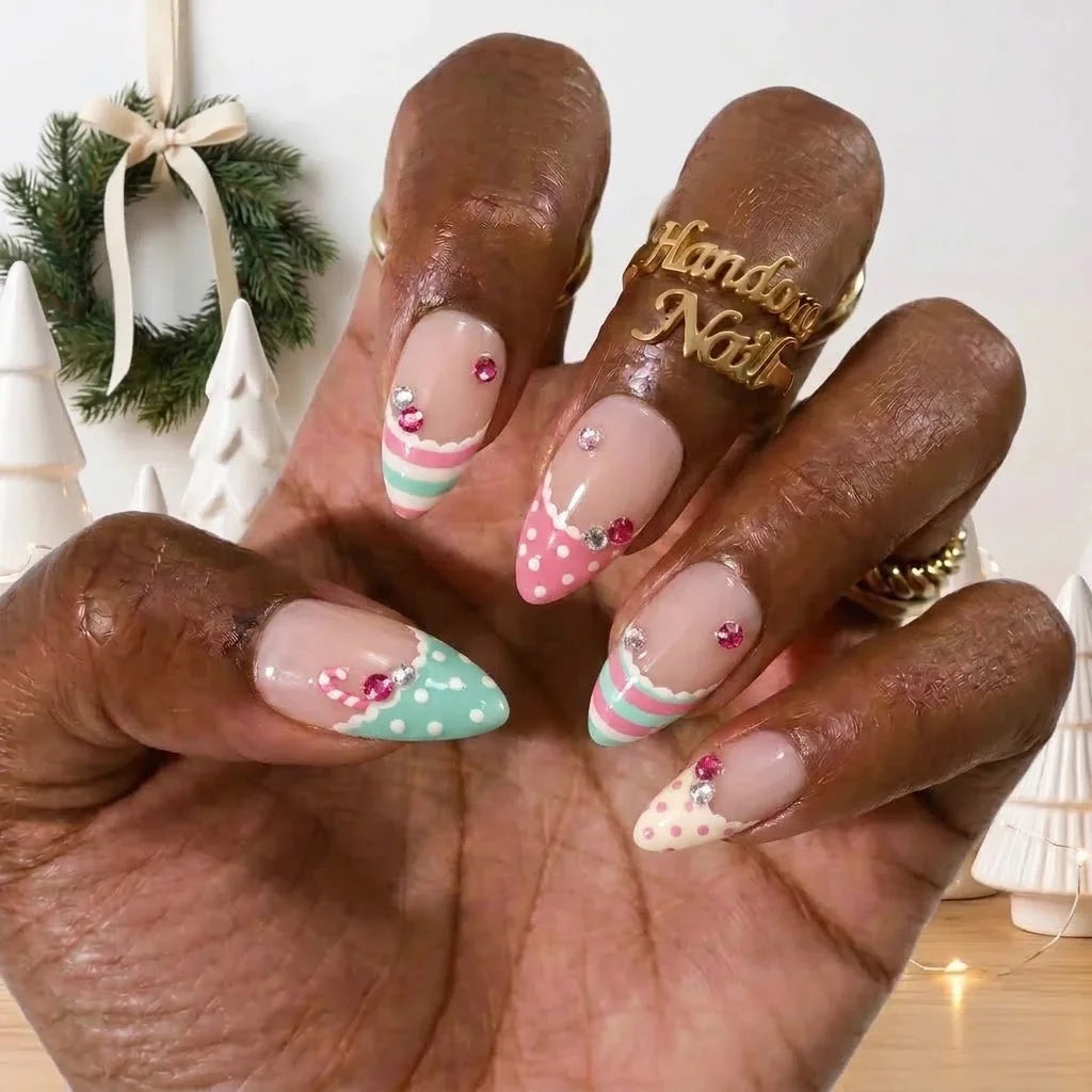 Sugar Garland Christmas press-on nails - on hand by Handora Nails