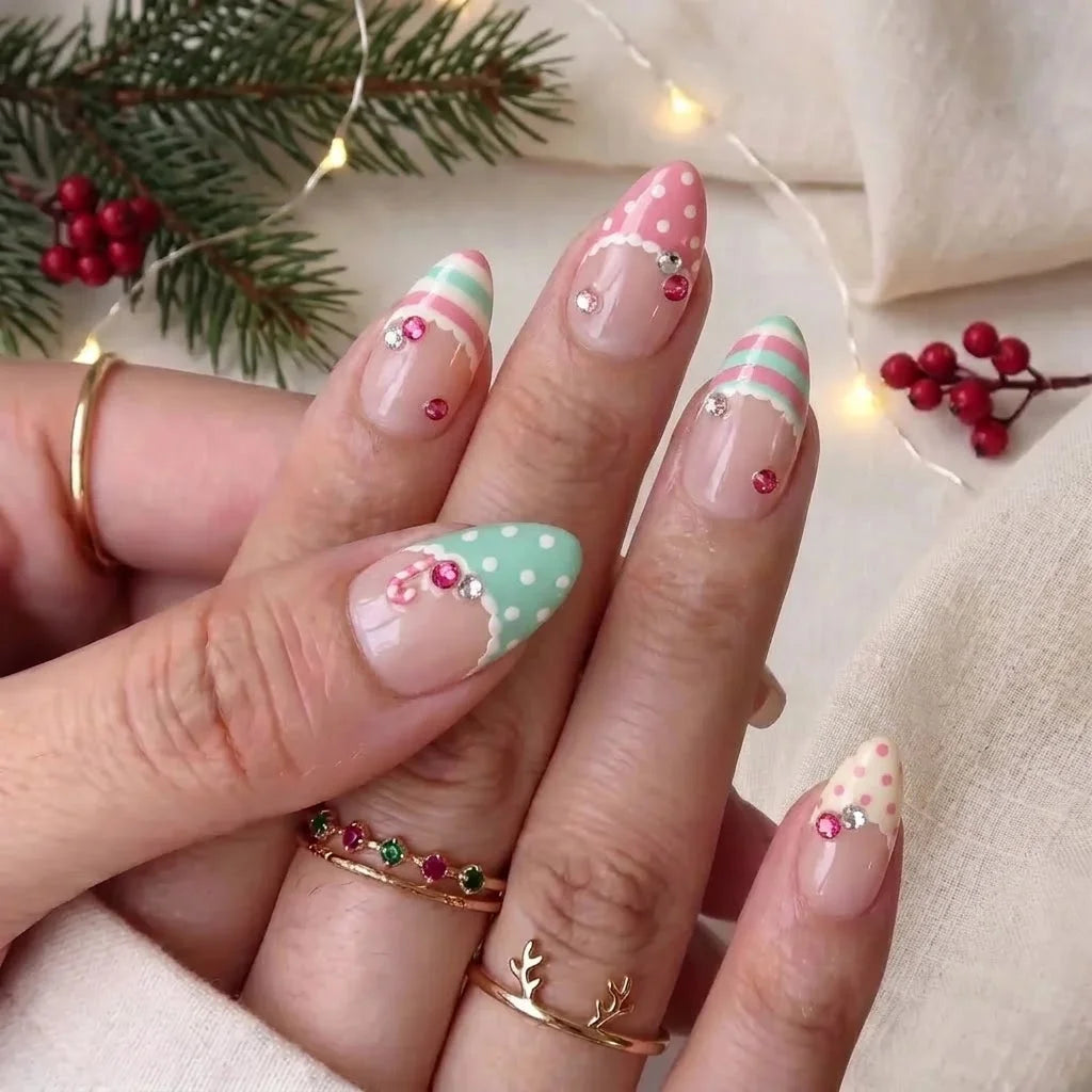 Sugar Garland Christmas press-on nails - on hand by Handora Nails