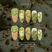 Matcha Swirl press-on nails – hand-painted reusable gel set by Handora