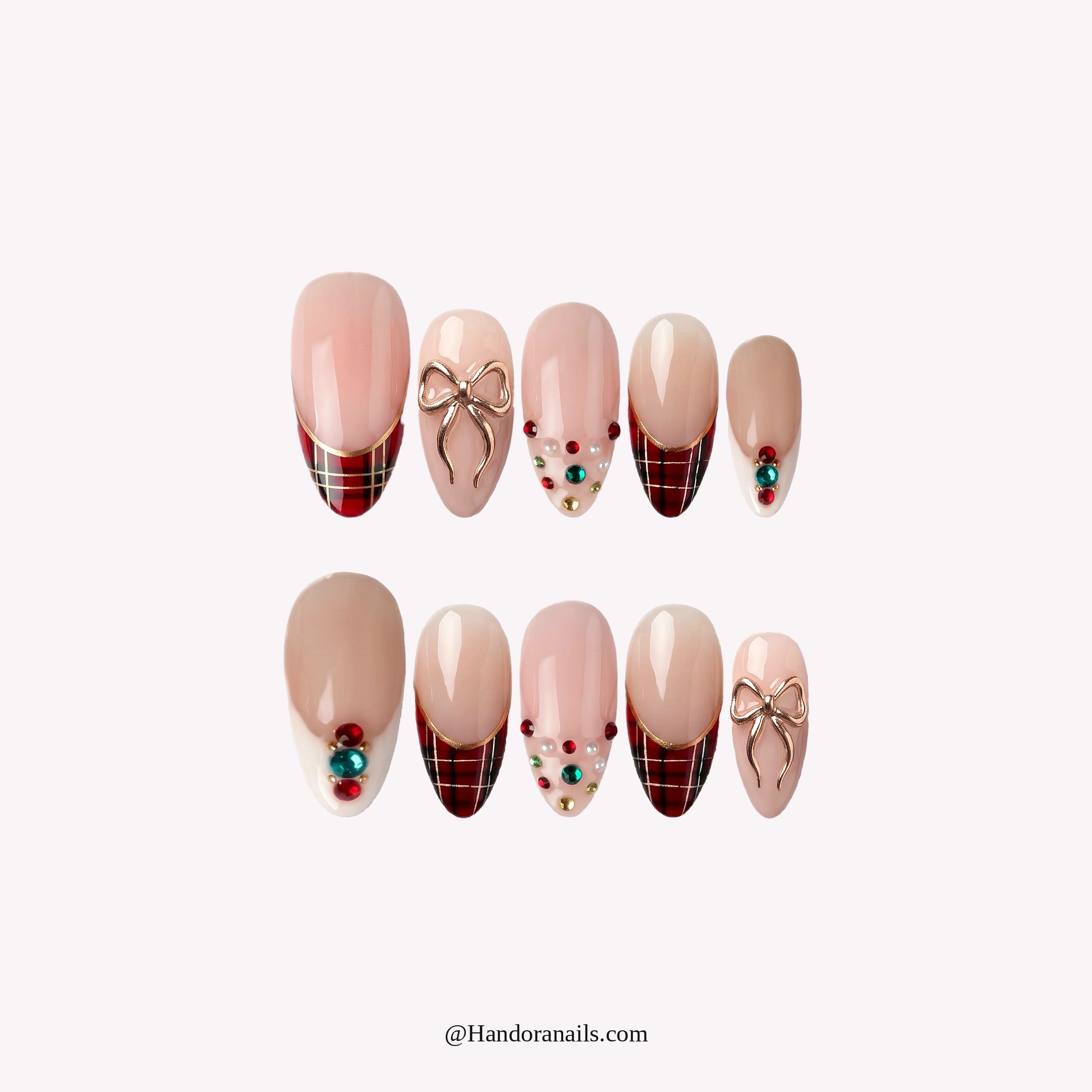Tartan Gift Christmas press-on nails – white background by Handora Nails
