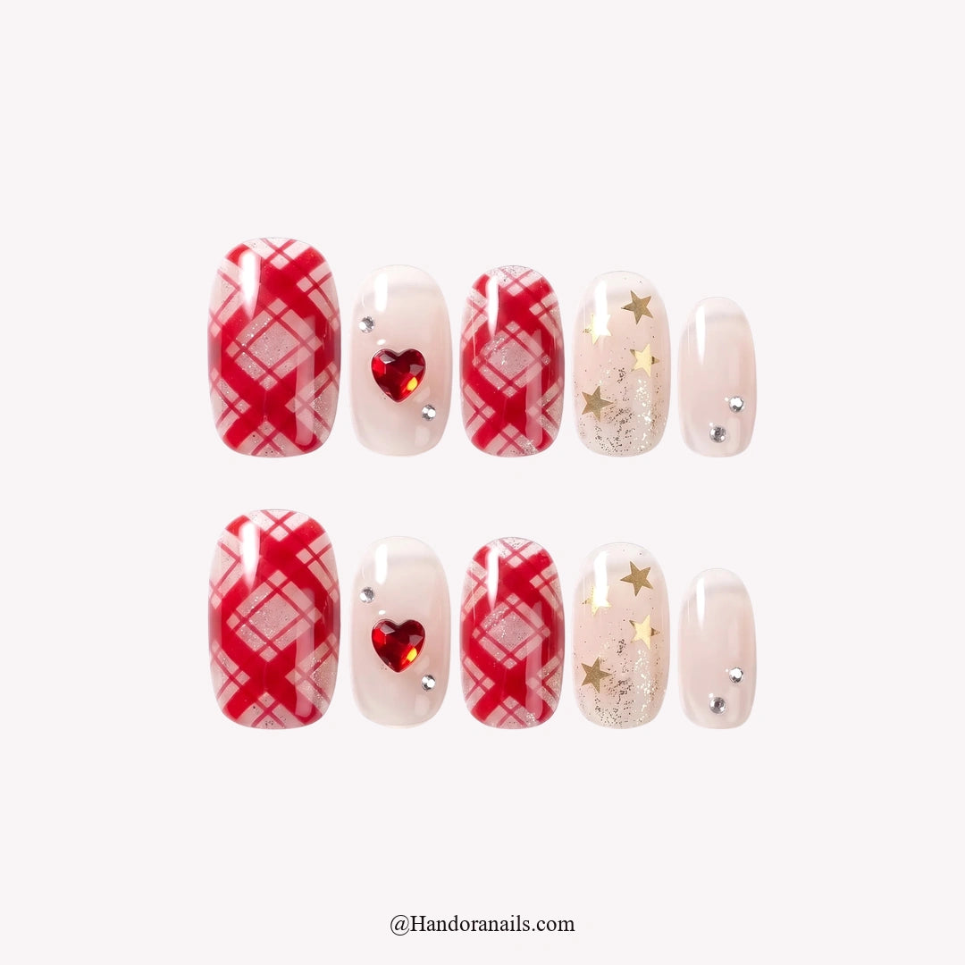 Tartan Wish Christmas press-on nails - white background by Handora Nails