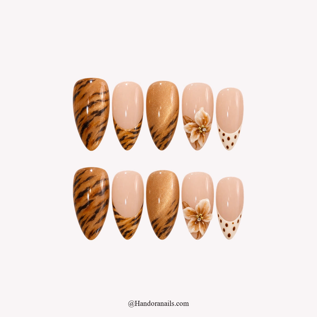 Tiger Bloom winter press-on nails - white background by Handora Nails