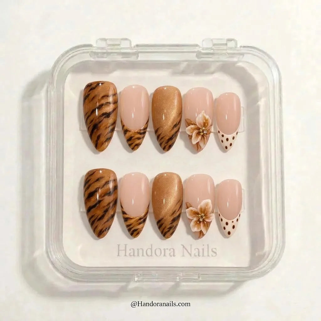 Tiger Bloom winter press-on nails - in display box by Handora Nails