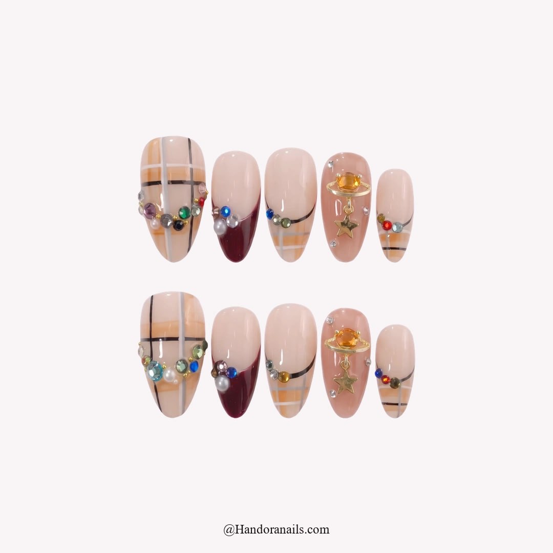 Tinsel Trinkets Christmas press-on nails - white background by Handora Nails