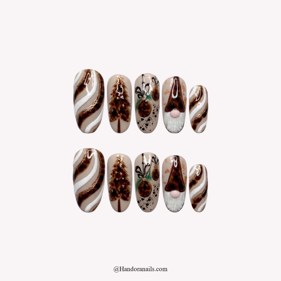 Tortoise Noel Christmas press-on nails - white background by Handora Nails