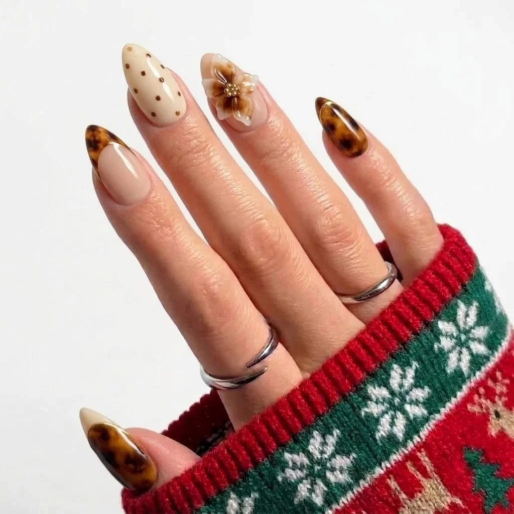 Tortoise Petals winter press-on nails - on hand by Handora Nails