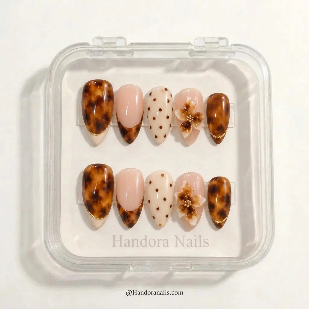 Tortoise Petals winter press-on nails - in display box by Handora Nails